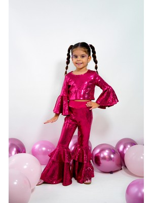 Duca Parıltılı Payetli Volan Kol Kat Kat Paça Kız Çocuk Takımı