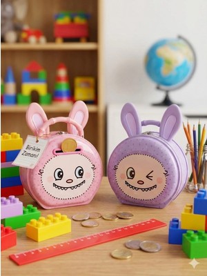 Marsilyan 1 Adet Sevimli  Labubu Figürlü Kilitli Metal Kumbara - Çocuklar Için  Para Biriktirme Kutusu Mavi