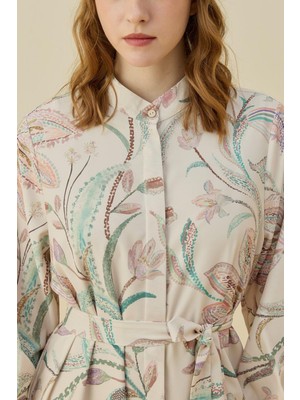 Merwish Çiçekli Yaz Elbise 1776 Pudra