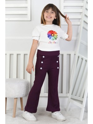 Mavi Boncukk Kız Çocuk Fiyonk Desenli Beyaz Bluz ve Düğme Detaylı Ispanyol Paça Pantolon Takım