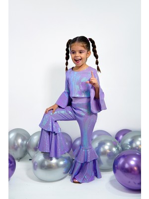 Duca Parıltılı Payetli Volan Kol Kat Kat Paça Kız Çocuk Takımı
