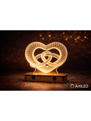 ARTILED 3D Alyanslı Kalp LED Masa Lambası | Ahşap Tabanlı | Romantik Dekoratif Gece Lambası