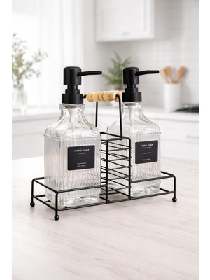 Durina Living Standlı Cam Mutfak Sabunluk Seti – Çizgili Kalın Cam El Sabunluğu ve Bulaşık Deterjanlık, Metal Standlı 2’li Mutfak Tezgah Üstü Sabunluk