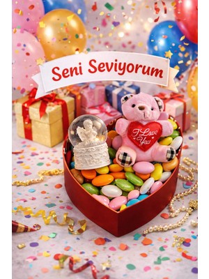 Marsilyan Sevgililer Günü Kalp Kutulu Romantik Hediye Seti – Ayıcıklı & Kar Küresi & Draje Çikolata