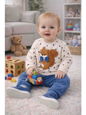 Melisa Ticaret Sevimli Sincap 🐿️ Kabartmalı Puantiyeli Sweatshirtlü 2li Erkek Bebek Eşofman Takımı