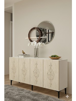 Yumedi Design KA1529BT - Ekim Konsol , Tv Sehpası , Çok Amaçlı Dolap, Kahve Köşesi 150 cm Beyaz-Traverten