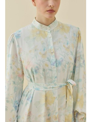 Merwish Çiçekli Yaz Elbise 1720 Ekru