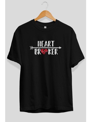 Ankhises Kalp Kırıcı 2 Ön Baskılı Siyah Oversize T-Shirt Erkek Kadın Pamuk Bisiklet Yaka Tişort