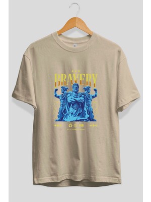 Ankhises Bravery Ön Baskılı Bej Oversize T-Shirt Erkek Kadın Pamuk Bisiklet Yaka Tişort