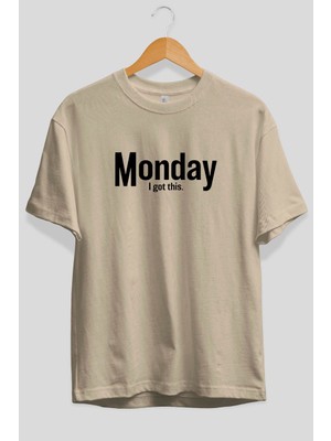 Ankhises Monday Ön Baskılı Bej Oversize T-Shirt Erkek Kadın Pamuk Bisiklet Yaka Tişort