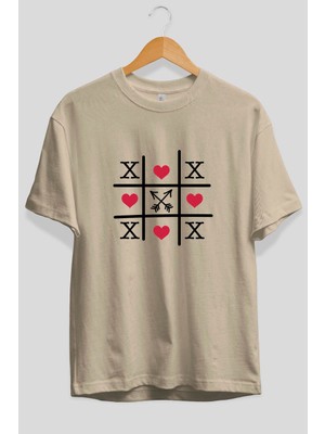 Ankhises Tic Tac Love Ön Baskılı Bej Oversize T-Shirt Erkek Kadın Pamuk Bisiklet Yaka Tişort