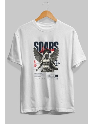 Ankhises Soars Ön Baskılı Beyaz Oversize T-Shirt Erkek Kadın Pamuk Bisiklet Yaka Tişort