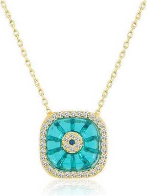 Calperia Gümüş Gold Kare Camgöz Nazar Bayan Kolye