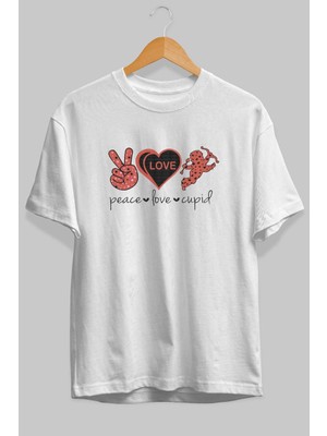 Ankhises Peace Love Cupid Ön Baskılı Beyaz Oversize T-Shirt Erkek Kadın Pamuk Bisiklet Yaka Tişort