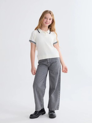 LC Waikiki Lcw Kids Gri Wideleg Taşlı Kız Çocuk Jean Pantolon