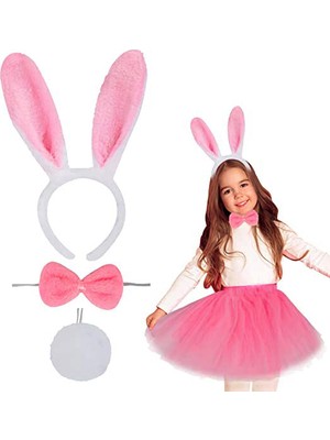 Calperia Tavşan Tacı Eteği Papyonu ve Kuyruk Kostüm  Seti Pembe Renk Çocuk Boy