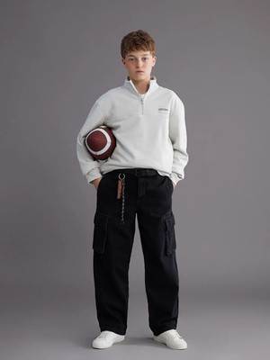 LC Waikiki Lcw Kids Siyah Loose Fit Erkek Çocuk Kargo Jean Pantolon