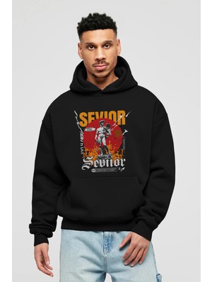 Ankhises Sevior Ön Baskılı Siyah Oversize Kapüşonlu Sweatshirt Erkek Kadın