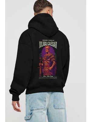 Ankhises Julius Caesar Arka Baskılı Siyah Oversize Kapüşonlu Sweatshirt Erkek Kadın