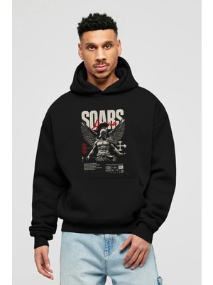 Ankhises Soars Ön Baskılı Siyah Oversize Kapüşonlu Sweatshirt Erkek Kadın