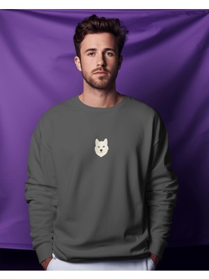 Muhtar Store Kadın Husky Baskılı Oversize Sweatshirt | Minimal Köpek Figürlü Günlük Rahat Sweat