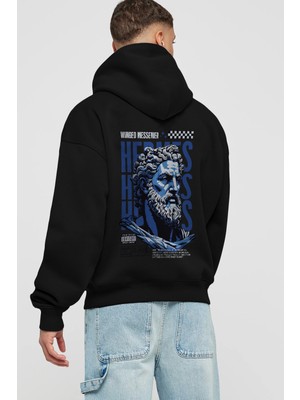 Ankhises Hermes 1 Arka Baskılı Siyah Oversize Kapüşonlu Sweatshirt Erkek Kadın
