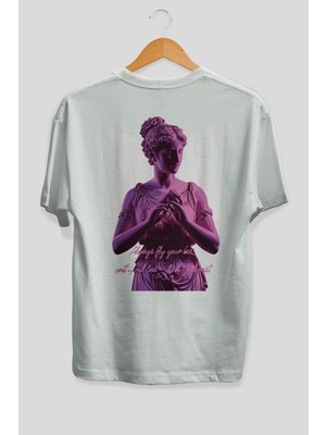 Ankhises Always Fly Arka Baskılı Beyaz Oversize T-Shirt Erkek Kadın Pamuk Bisiklet Yaka Tişort