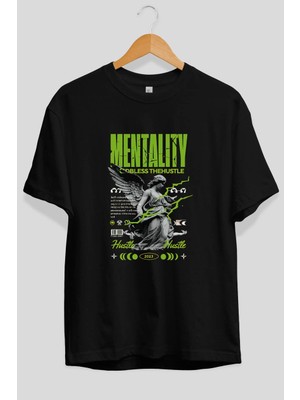 Ankhises Mentality Ön Baskılı Siyah Oversize T-Shirt Erkek Kadın Pamuk Bisiklet Yaka Tişort