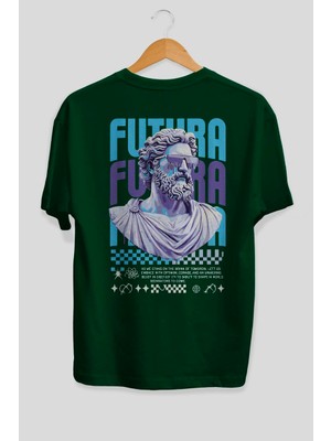 Ankhises Futura Zeus Arka Baskılı Yeşil Oversize T-Shirt Erkek Kadın Pamuk Bisiklet Yaka Tişort