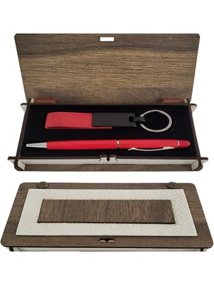 Calperia Ahşap Kutulu Kırmızı Anahtarlık ve Kalem Set