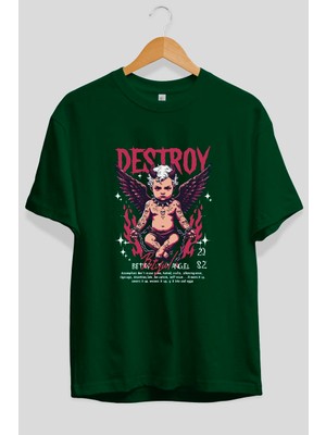 Ankhises Destroy Ön Baskılı Yeşil Oversize T-Shirt Erkek Kadın Pamuk Bisiklet Yaka Tişort