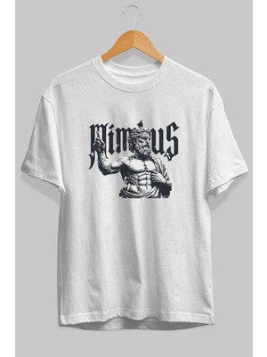 Ankhises Mimbus Zeus Ön Baskılı Beyaz Oversize T-Shirt Erkek Kadın Pamuk Bisiklet Yaka Tişort