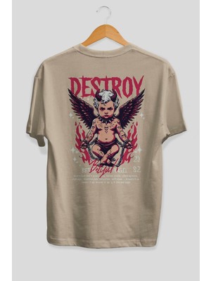 Ankhises Destroy Arka Baskılı Bej Oversize T-Shirt Erkek Kadın Pamuk Bisiklet Yaka Tişort