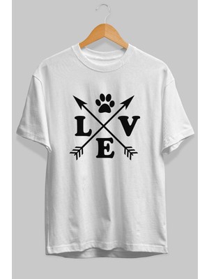 Ankhises Love Pati Ön Baskılı Beyaz Oversize T-Shirt Erkek Kadın Pamuk Bisiklet Yaka Tişort