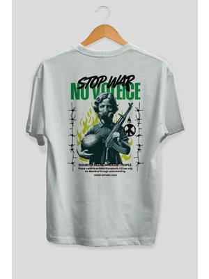 Ankhises Stop War Arka Baskılı Beyaz Oversize T-Shirt Erkek Kadın Pamuk Bisiklet Yaka Tişort