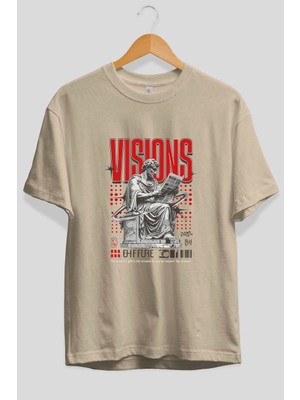 Ankhises Visions Ön Baskılı Bej Oversize T-Shirt Erkek Kadın Pamuk Bisiklet Yaka Tişort