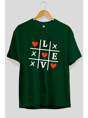 Ankhises Love Xoxo Ön Baskılı Yeşil Oversize T-Shirt Erkek Kadın Pamuk Bisiklet Yaka Tişort