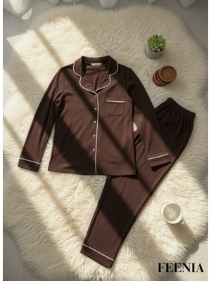 Feenia Brunet Kahverengi Gömlek Yaka Düğmeli Kadın Pijama Takımı