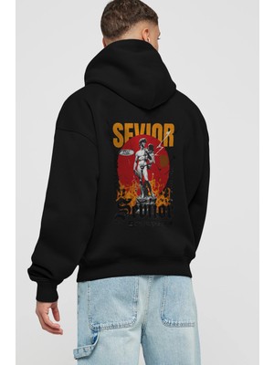 Ankhises Sevior Beyaz Arka Baskılı Siyah Oversize Kapüşonlu Sweatshirt Erkek Kadın