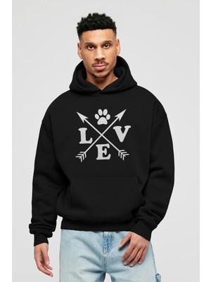 Ankhises Love Pati Ön Baskılı Siyah Oversize Kapüşonlu Sweatshirt Erkek Kadın