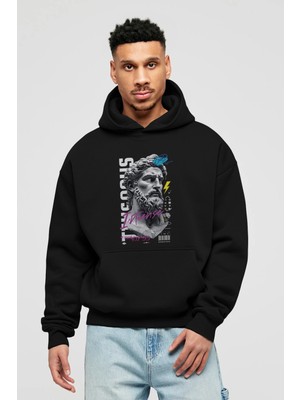 Ankhises Zeus Intense Ön Baskılı Siyah Oversize Kapüşonlu Sweatshirt Erkek Kadın