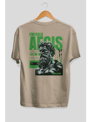 Ankhises Emrald Regis Arka Baskılı Bej Oversize T-Shirt Erkek Kadın Pamuk Bisiklet Yaka Tişort
