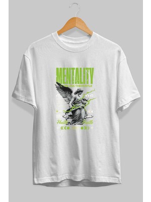 Ankhises Mentality Ön Baskılı Beyaz Oversize T-Shirt Erkek Kadın Pamuk Bisiklet Yaka Tişort