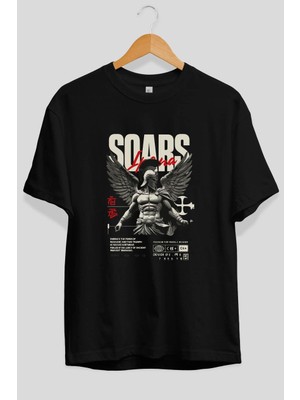 Ankhises Soars Ön Baskılı Siyah Oversize T-Shirt Erkek Kadın Pamuk Bisiklet Yaka Tişort