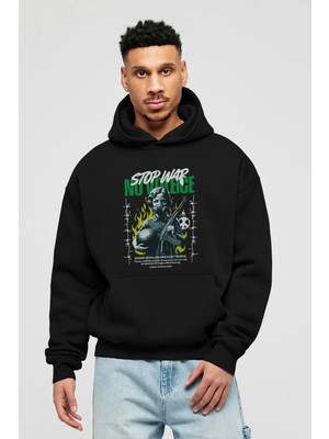 Ankhises Stop War Ön Baskılı Siyah Oversize Kapüşonlu Sweatshirt Erkek Kadın