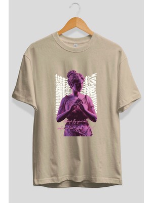 Ankhises Always Fly Ön Baskılı Bej Oversize T-Shirt Erkek Kadın Pamuk Bisiklet Yaka Tişort