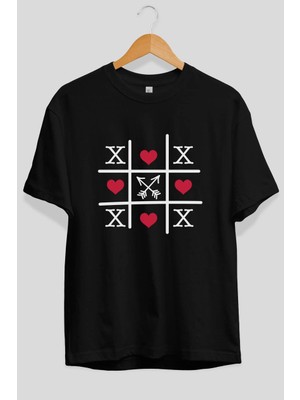 Ankhises Tic Tac Love Ön Baskılı Siyah Oversize T-Shirt Erkek Kadın Pamuk Bisiklet Yaka Tişort