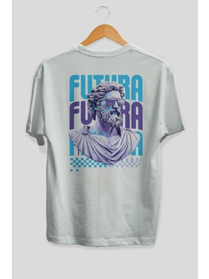 Ankhises Futura Zeus Arka Baskılı Beyaz Oversize T-Shirt Erkek Kadın Pamuk Bisiklet Yaka Tişort