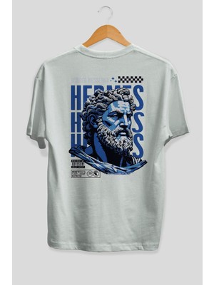 Ankhises Hermes 1 Arka Baskılı Beyaz Oversize T-Shirt Erkek Kadın Pamuk Bisiklet Yaka Tişort