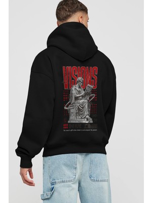 Ankhises Visions Arka Baskılı Siyah Oversize Kapüşonlu Sweatshirt Erkek Kadın